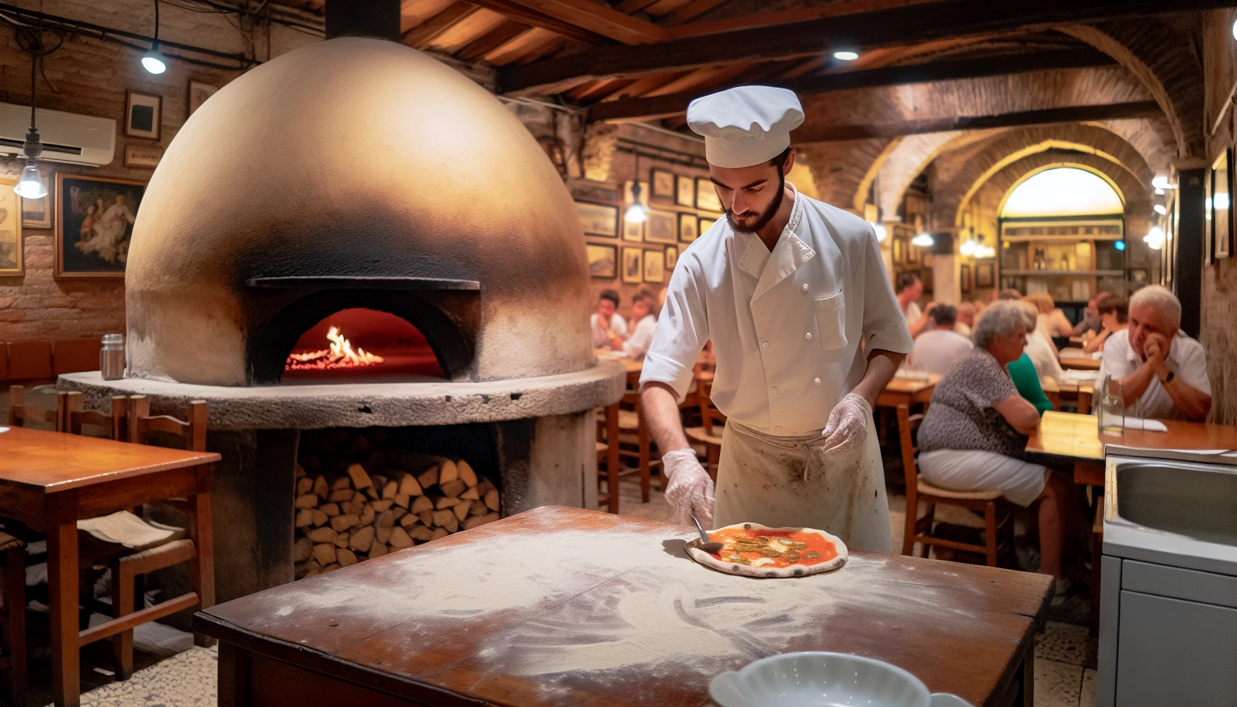 A traditional wood-fired pizza oven with a chef preparing a pizza