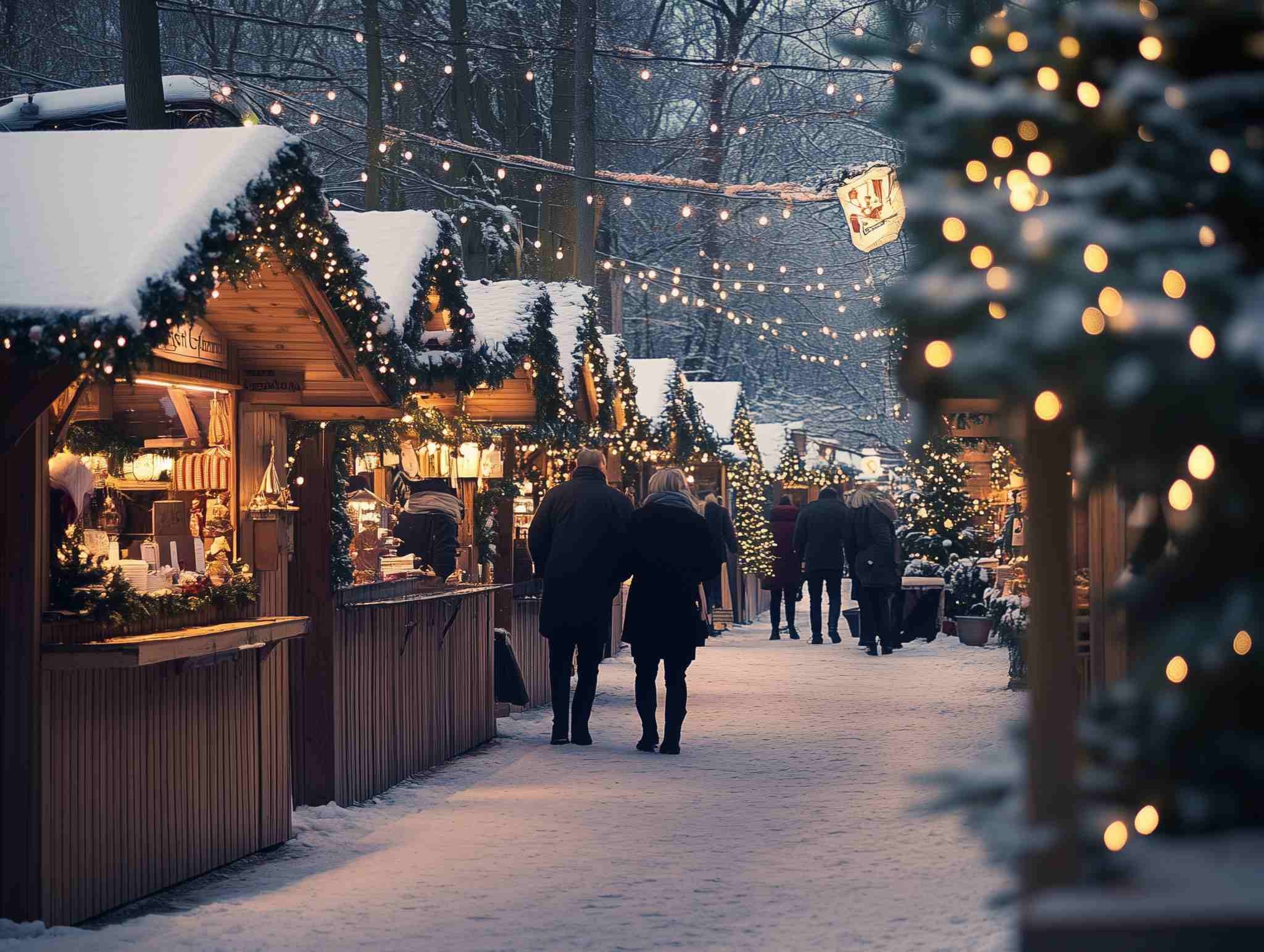 Stemningsfuldt, sneklædt, skandinavisk julemarked