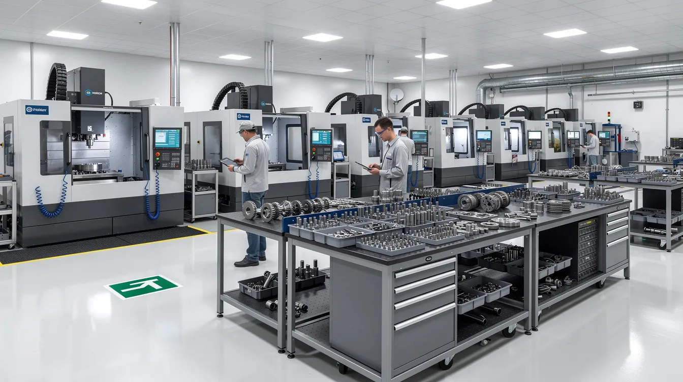 The image depicts a modern precision manufacturing facility featuring CNC machines and well-organized workstations, where small metal components with pre-drilled holes are being produced for various applications, including automotive projects. The environment is designed for efficiency, ensuring easy access to tools and materials, while the machines work seamlessly to install steel rivets and other components.