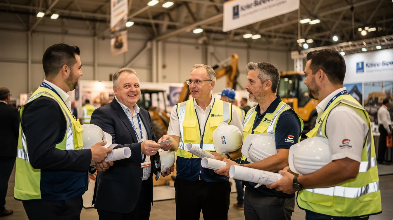 A group of construction industry professionals is engaged in networking at a trade event, wearing hard hats and examining blueprints, showcasing the importance of marketing strategies for contractor businesses to connect with potential clients and enhance their marketing efforts. The scene highlights the collaborative spirit and the pursuit of business growth within the construction community.