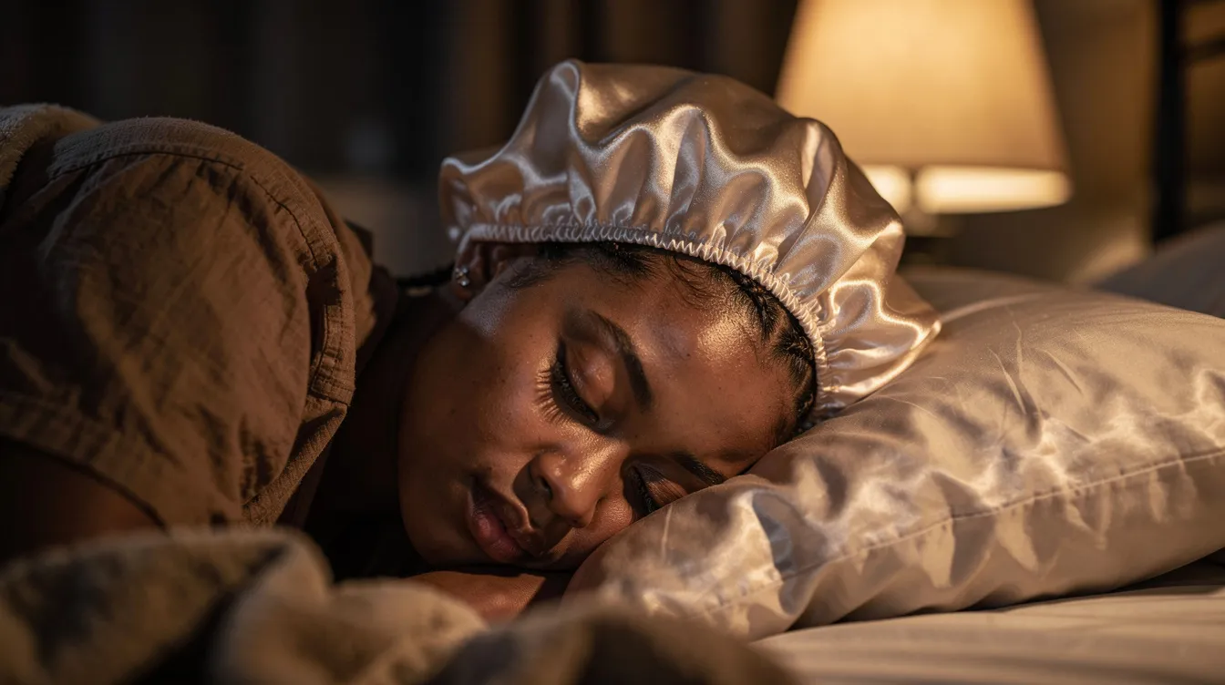A person is peacefully sleeping while wearing a satin bonnet that protects their braided hairstyle, ensuring their edges remain smooth and laid. The bonnet helps maintain moisture and prevent breakage, making it an essential accessory for those with naturally curly hair.
