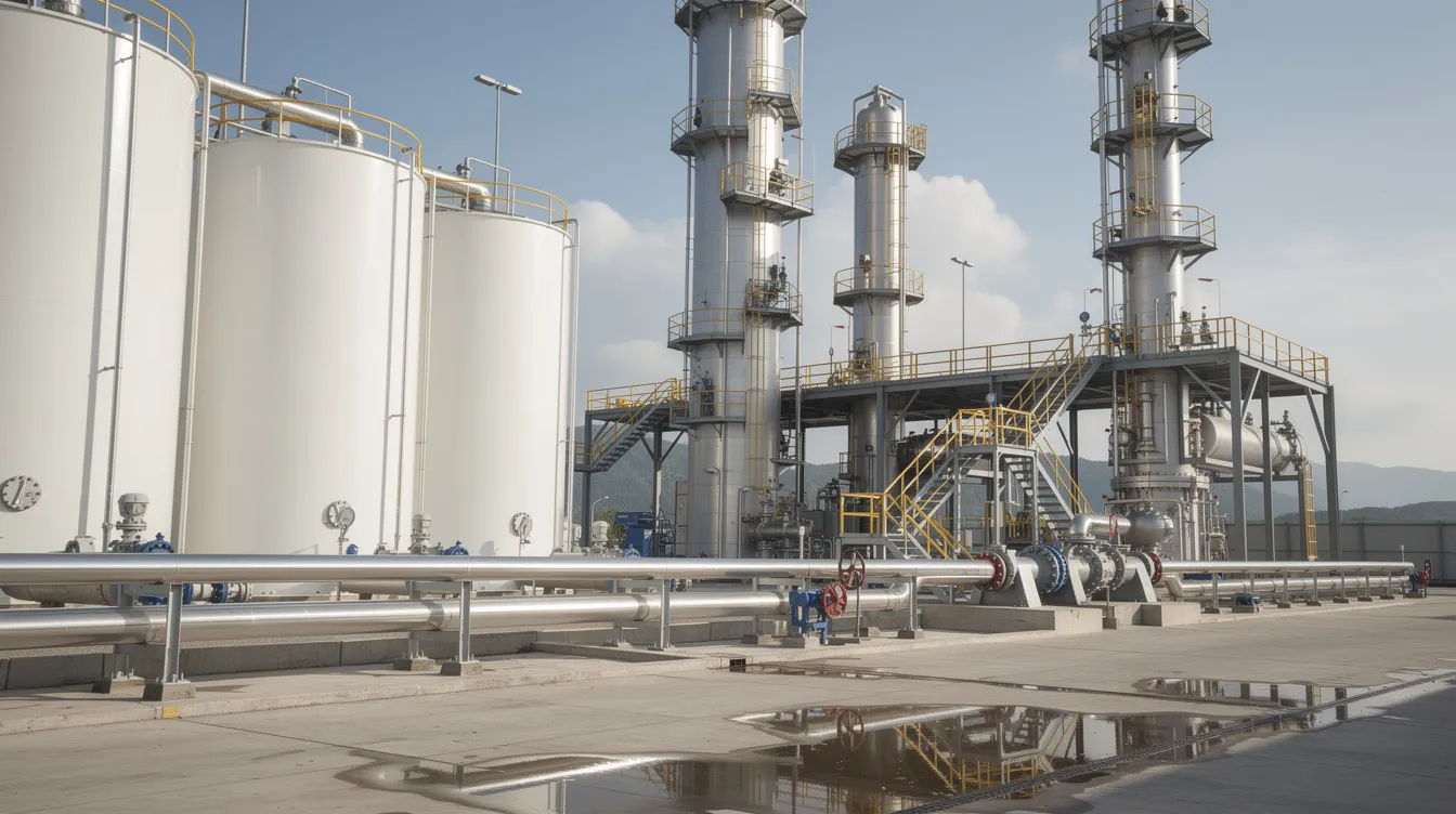 The image depicts a modern chemical manufacturing plant featuring large storage tanks and extensive pipelines, highlighting the industrial processes involved in the production of specialty chemicals and industrial chemicals. This facility represents a key component of the growing chemical manufacturing industry, showcasing the technical expertise and infrastructure necessary for the production of various chemical products.