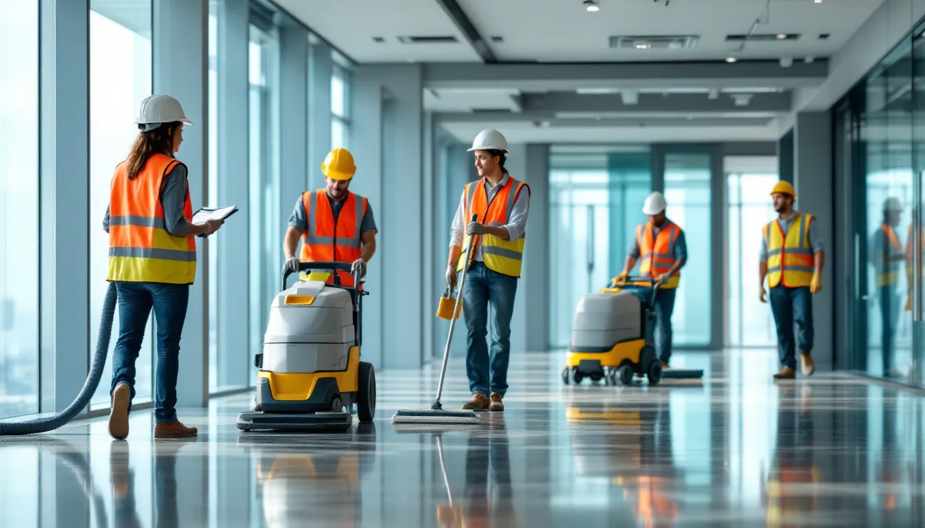 A team performing post-construction cleaning in a newly built space.