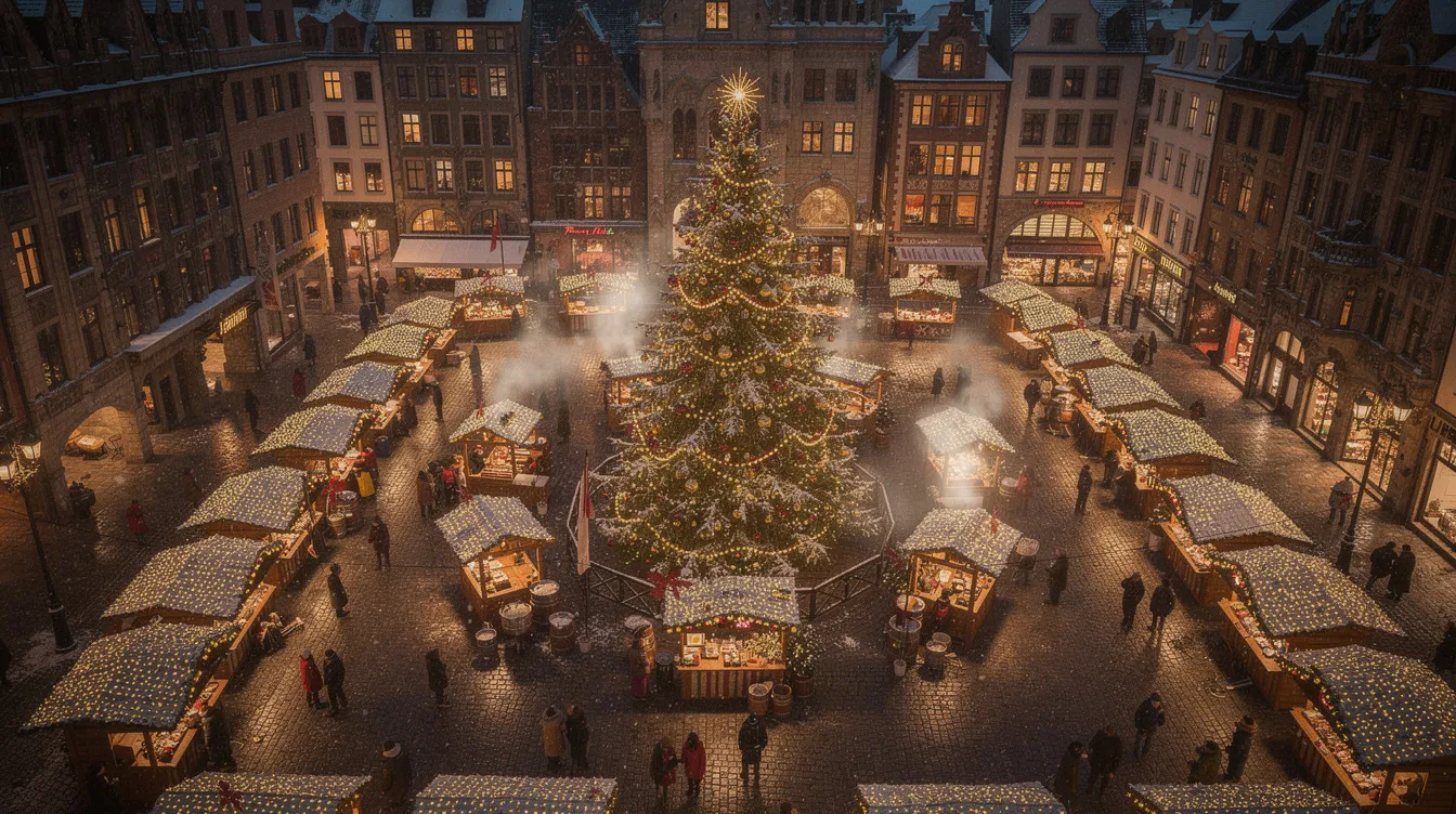 An aerial view captures a beautiful Christmas market in Wrocław's historic market square at night, where twinkling lights illuminate wooden stalls and a towering Christmas tree, creating a festive atmosphere. The scene showcases the charm of this popular Christmas market, filled with food stalls offering local delicacies and handcrafted gifts, making it a perfect spot to enjoy the Christmas season.