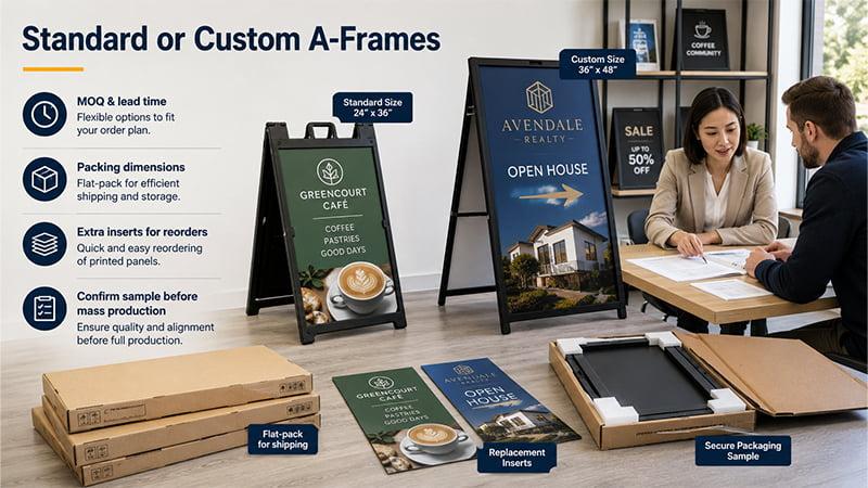 Standard and custom A-frame signs with replacement inserts, flat-pack cartons, and sample packaging