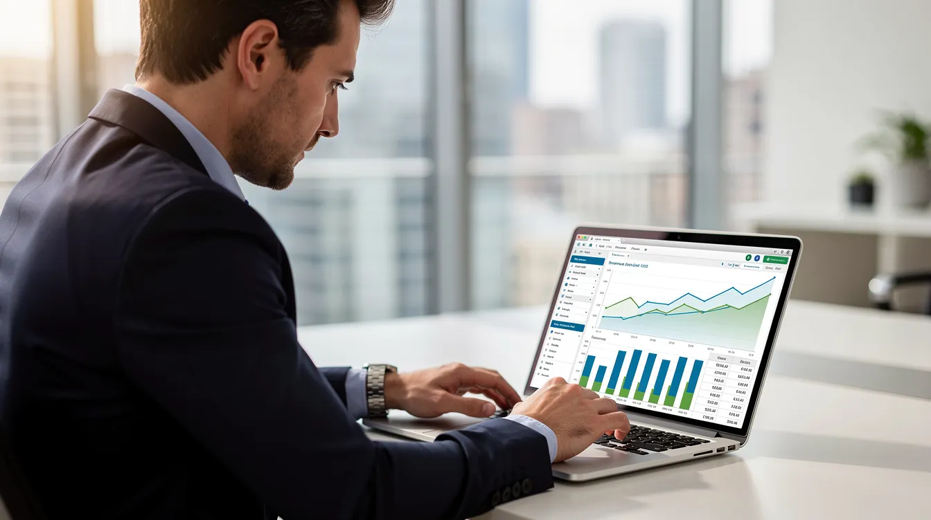 A business professional is seated at a desk, intently reviewing financial data displayed on a laptop screen, which likely includes payroll information such as employee wages and payroll deductions. The setting suggests a focus on payroll processing and tax compliance, essential tasks for small business owners managing payroll costs and employee data.