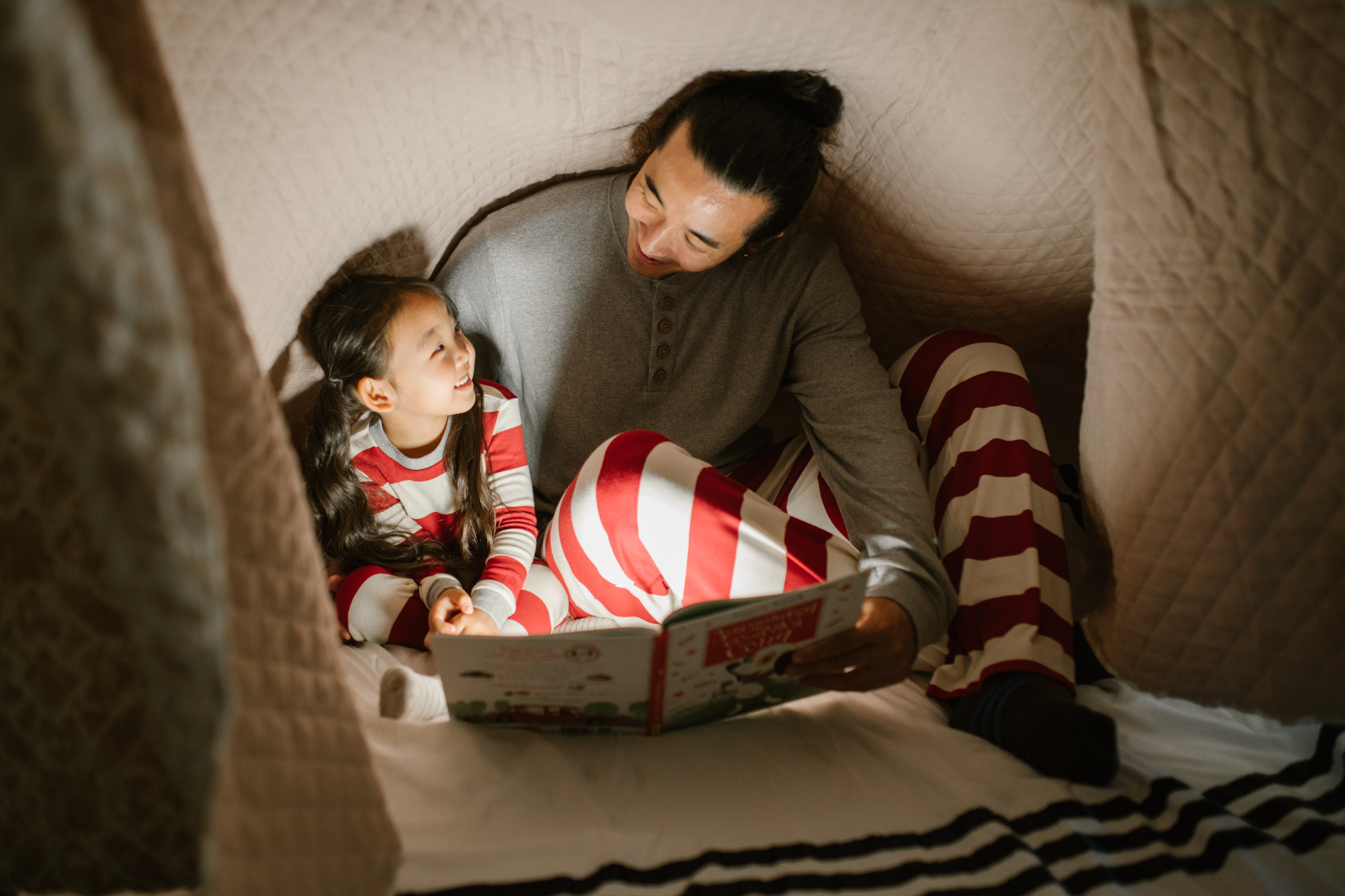 Reading | Photo by RODNAE Productions from Pexels | https://www.pexels.com/photo/father-with-daughter-under-blanket-reading-book-10566201/