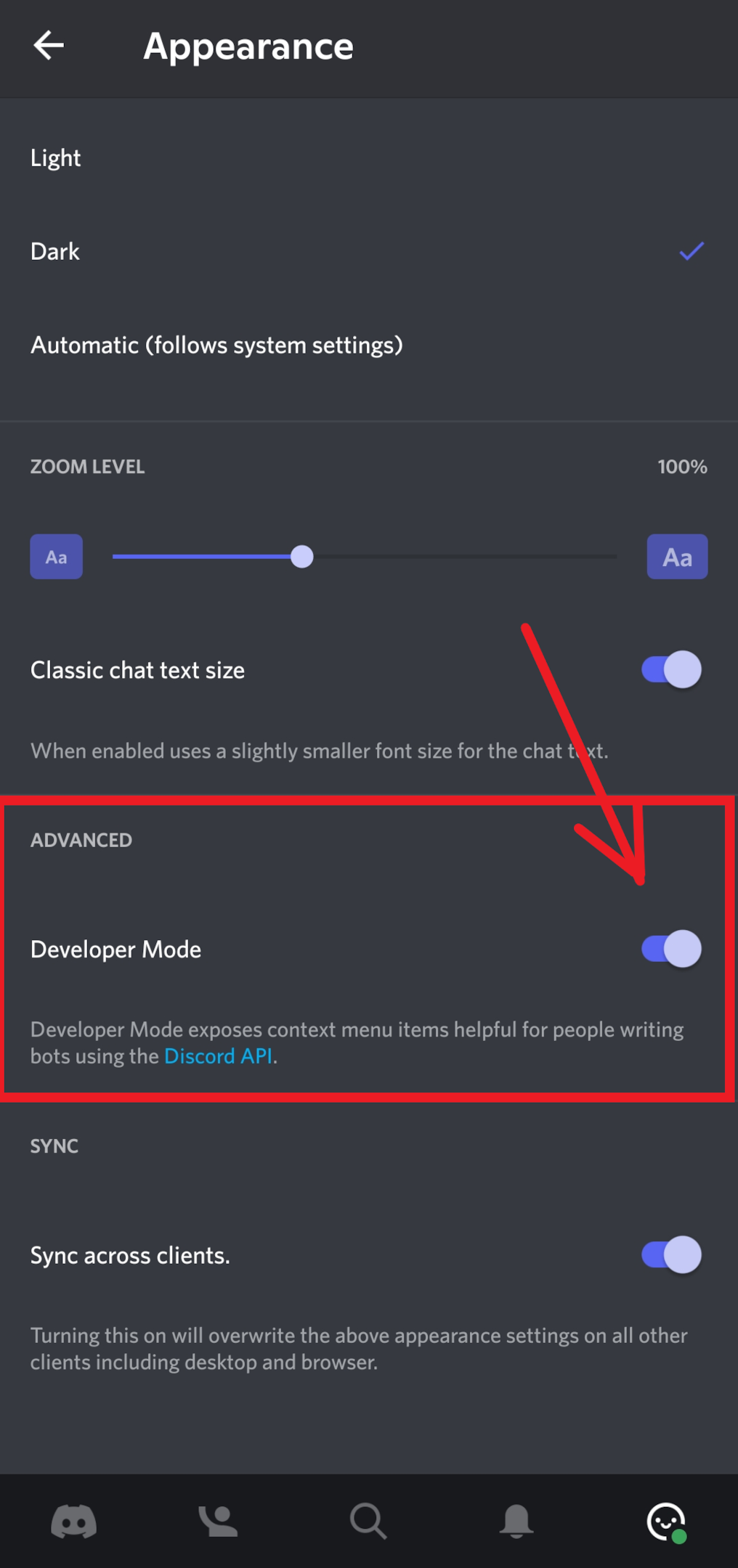 Discord Developer mode toggle