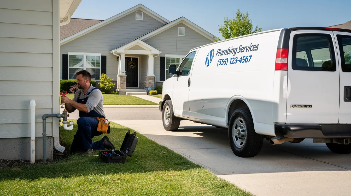 A licensed plumber is at a residential house, standing next to a white van marked with the plumbing company logo, ready to assist with plumbing repairs and drain cleaning services. The scene illustrates a professional prepared to address plumbing needs for both residential and commercial customers.