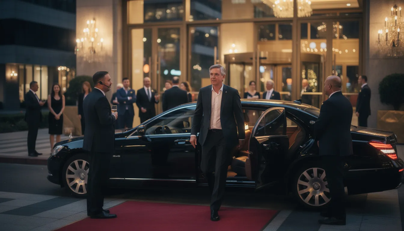 An executive is arriving at an upscale venue event, flanked by a discreet protection detail ensuring safety and a positive guest experience. The presence of trained security personnel highlights the importance of event security measures for corporate events and large gatherings.