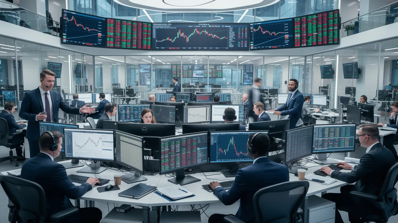 The image depicts a busy modern trading floor filled with professionals engaged in various activities, surrounded by multiple screens displaying financial data. This vibrant environment highlights the dynamic nature of the UK's financial services sector, where experts in investment banking and asset management work to serve clients and corporations.