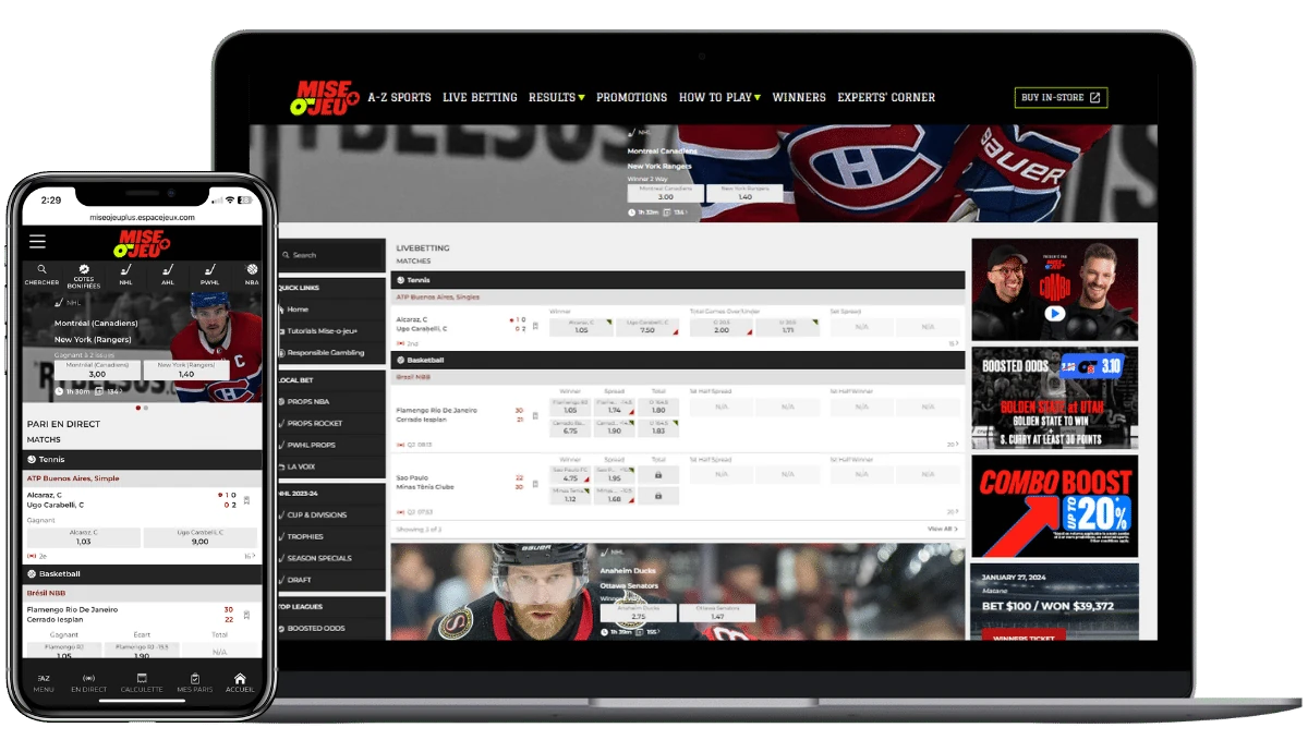 A view of Mise-O-Jeu's betting platform on both desktop and as a mobile app.