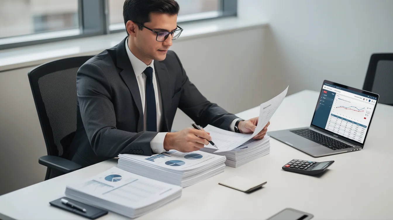 d5b5324c fbb5 4a33 aa36 fe2b4bec67bb The image depicts a professional chartered accountant meticulously reviewing documents and financial statements at a sleek modern office desk, emphasizing the importance of financial analysis in sectors like the dairy industry. The setting suggests a focus on business planning and project reports, crucial for successful operations in fields such as milk processing and dairy products.