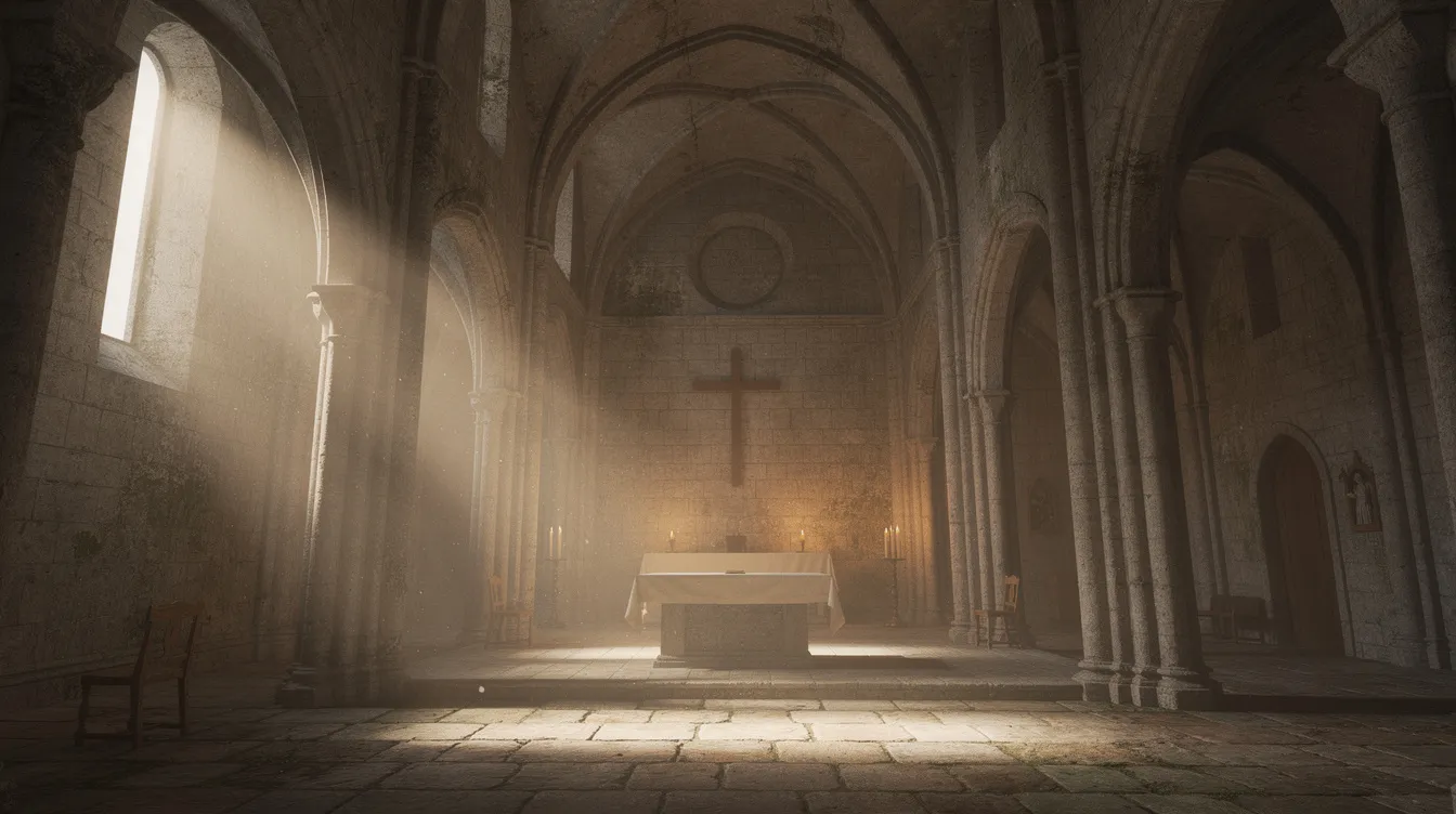 The interior of a medieval stone church features high arches and soft light filtering through narrow windows, illuminating a simple altar area that evokes a sense of tranquility and reverence, reminiscent of early Christian traditions. This serene space serves as a reminder of the historical significance of the crucifixion of Jesus Christ and the enduring legacy of faith in the Roman world.