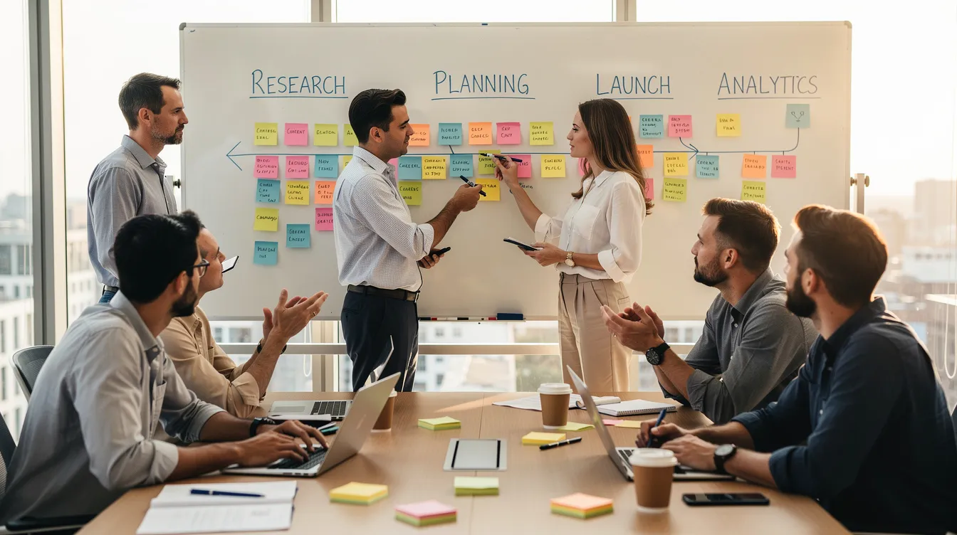 A marketing team collaborates around a large whiteboard, outlining a campaign timeline with colorful sticky notes. They focus on key metrics and strategies for their upcoming email marketing campaign, aiming to enhance customer engagement and drive sales.