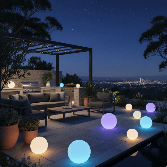 solar garden ball lights scattered around a modern patio, creating a vibrant and dynamic atmosphere at night.