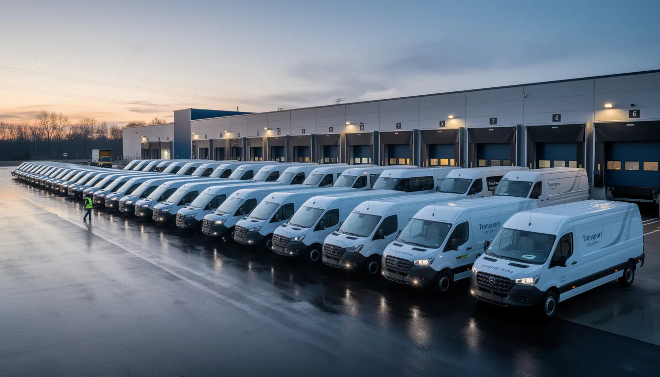 Na zdjęciu widoczna jest flota samochodów dostawczych zaparkowanych w zajezdni transportowej, co odzwierciedla bieżącą działalność gospodarczą firmy. Te pojazdy mogą być wykorzystywane do realizacji zleceń związanych z faktoringiem, co umożliwia przedsiębiorcom poprawę płynności finansowej i zarządzanie zobowiązaniami finansowymi.