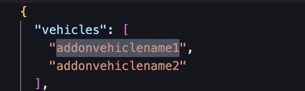 An image of the addons.json file containing the vehicles config options.