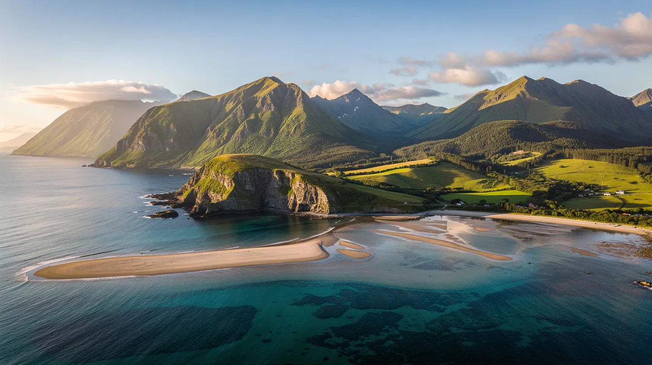 Die Luftaufnahme zeigt eine atemberaubende Küstenlandschaft von Mauritius mit klaren Lagunen und üppigen, grünen Bergen im Hintergrund. Diese paradiesische Szenerie ist umgeben vom Indischen Ozean und vermittelt einen Eindruck von der perfekten Reisezeit für Outdoor-Aktivitäten und entspannende Strandtage.