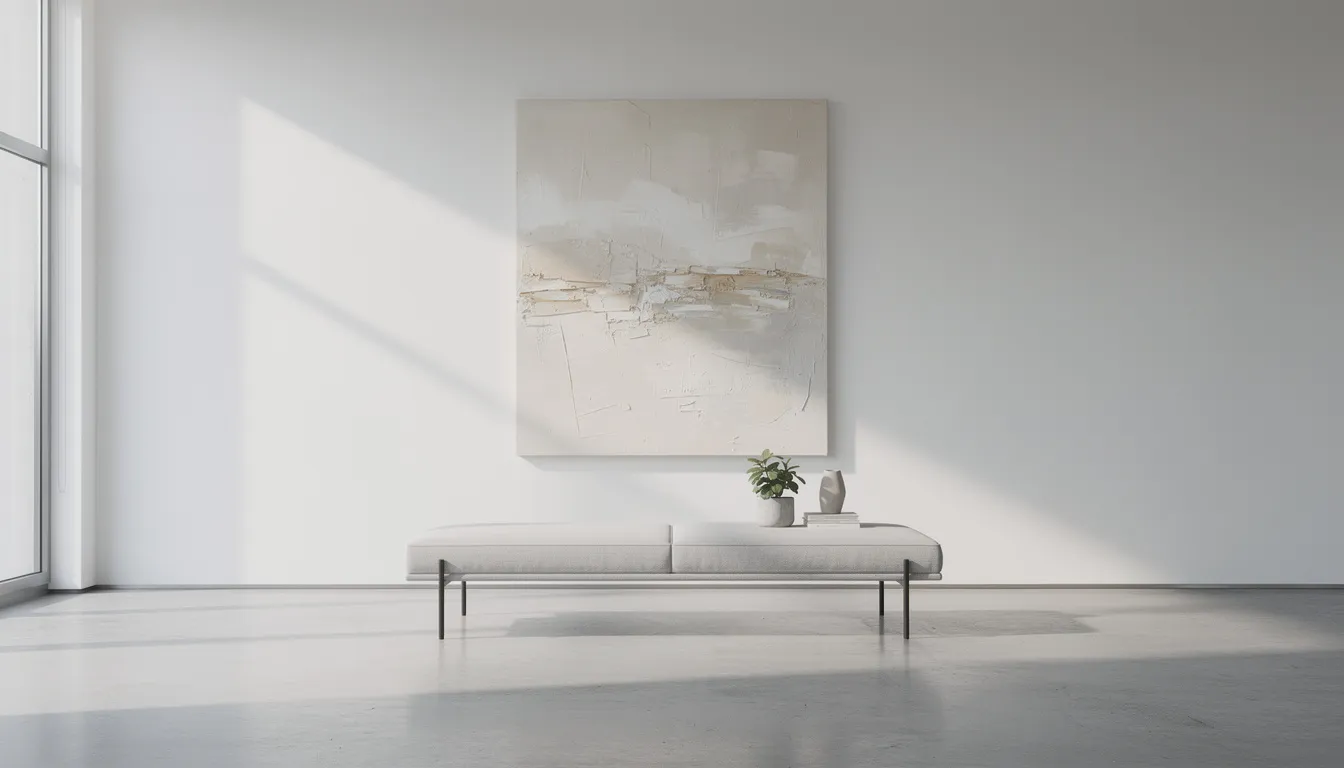 La imagen muestra un interior de galería minimalista bañado por luz natural, exhibiendo una obra de arte en lienzo texturizado que sirve como punto focal sobre muebles modernos. Esta impresionante pieza de arte mural añade profundidad y un toque de lujo refinado al espacio, realzando el diseño contemporáneo general.