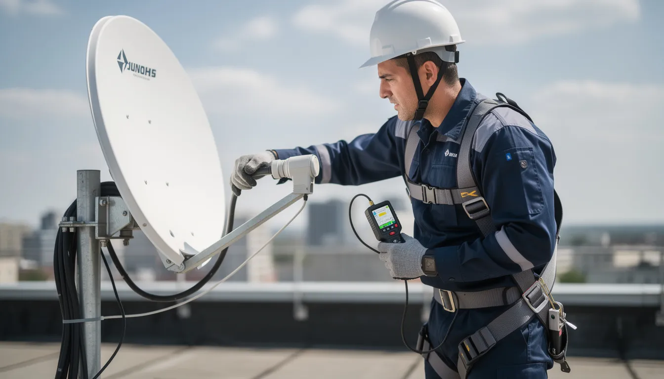 A professional technician is carefully using a digital alignment meter to adjust a satellite dish, ensuring optimal signal reception for a DSTV installation. This scene highlights the expertise of DSTV installers in Pinelands, focusing on providing quality service for home entertainment systems.