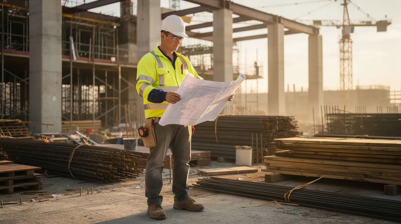 A construction worker in a hard hat and safety vest is intently reviewing blueprints at a job site, ensuring compliance with the project’s legal and financial obligations. This scene highlights the importance of being a licensed, bonded, and insured contractor in the construction industry.