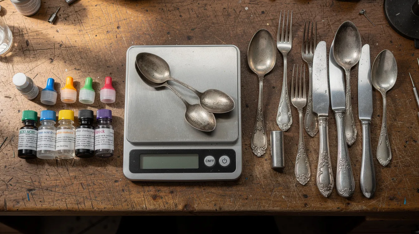 A jeweler's workspace with a precision scale, acid testing kit, magnet, and silver flatware.