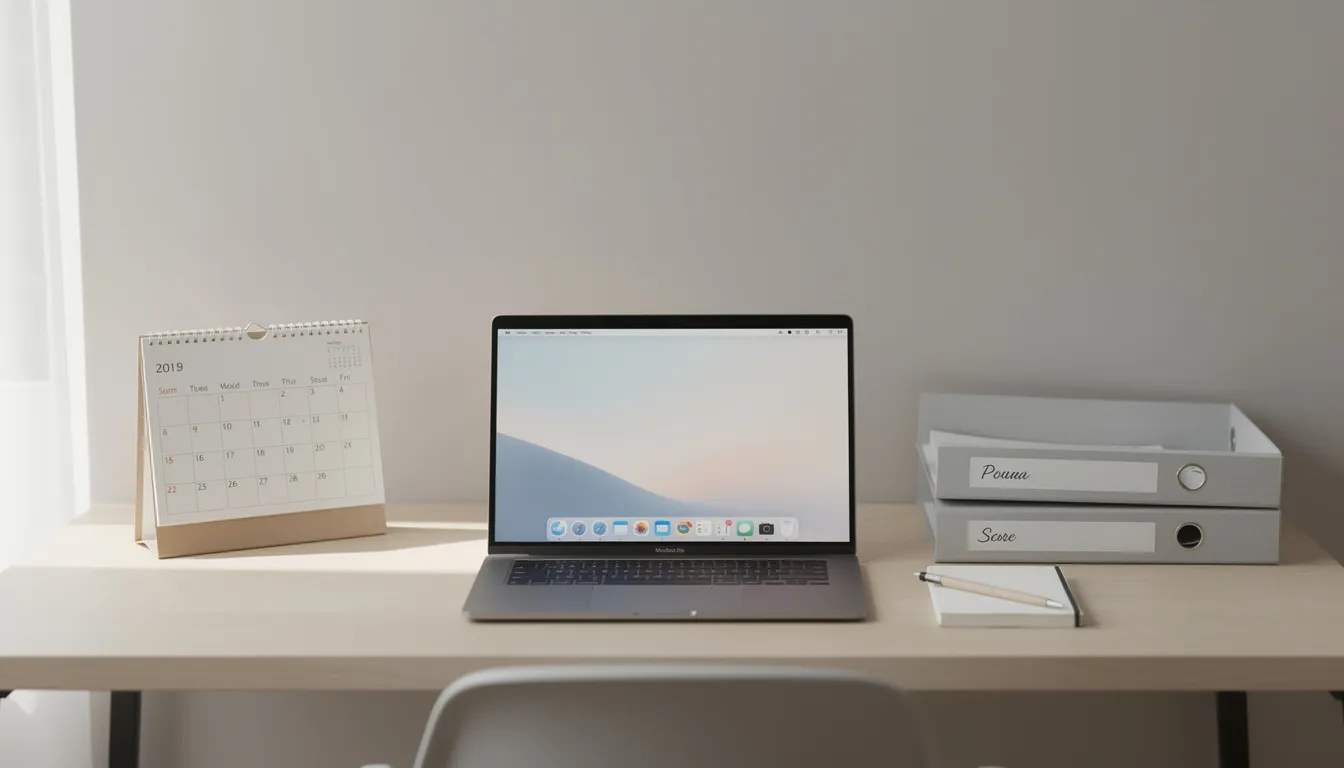 The image depicts an organized desk featuring a calendar, a laptop, and neatly stacked folders, symbolizing effective project management and clear communication essential for co ops. This setup reflects a professional environment conducive to decision-making and member participation in cooperative organizations.