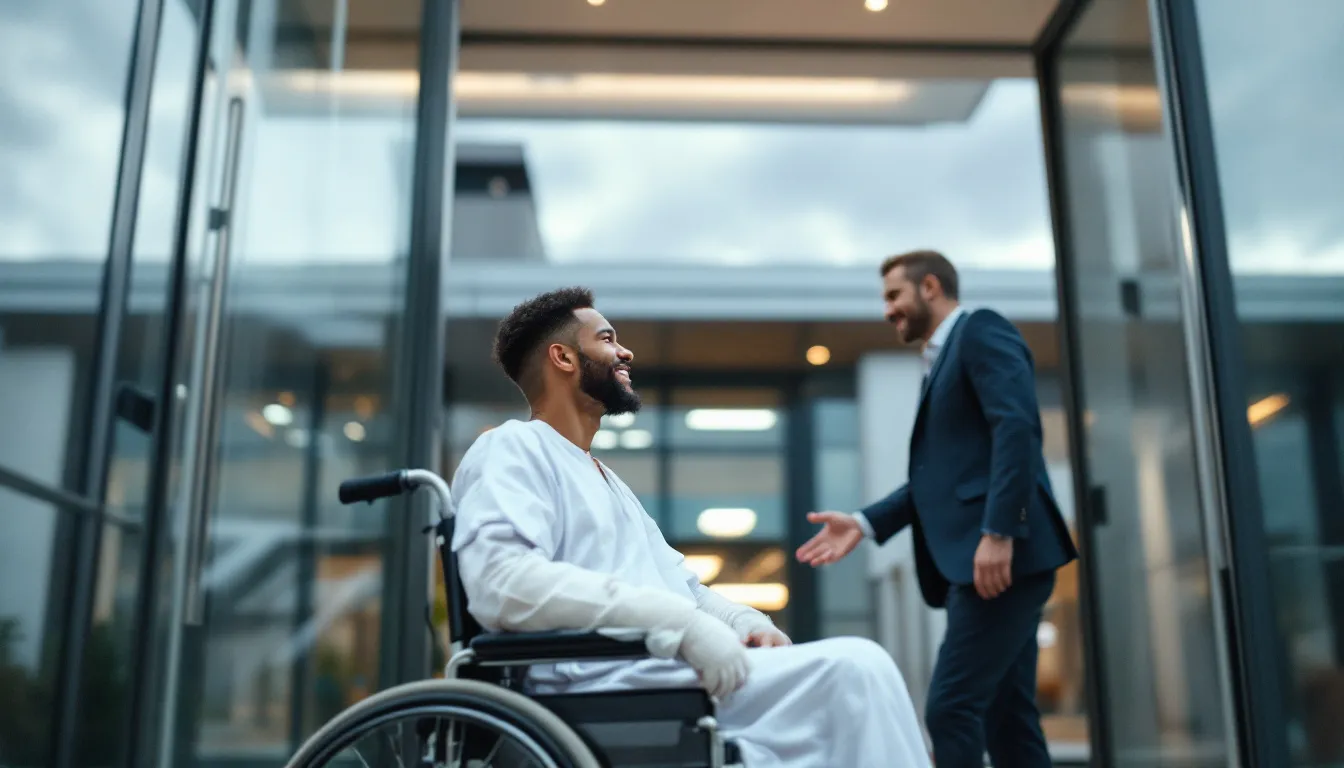 A young man in a wheelchair, with both an arm and leg in casts, is leaving the hospital, expressing gratitude for being alive and hope for his recovery. He is about to be greeted by his attorney, who specializes in handling motorcycle accident cases and can assist him with his personal injury claim.