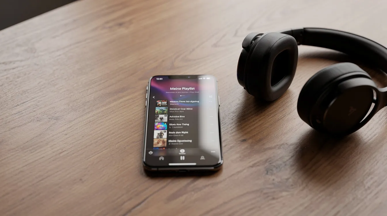 Ein Smartphone liegt auf einem Tisch, auf dessen Display eine Musik-App mit einer Playlist sichtbar ist. Neben dem Gerät liegen Kopfhörer, die auf das Thema Musik und die Nutzung von Streamingdiensten hinweisen.
