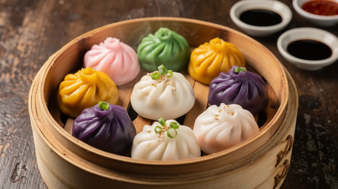 The image features a vibrant assortment of Asian dumplings neatly arranged in a traditional bamboo steamer, showcasing a variety of colors and shapes that highlight the culinary artistry often found in South Korea. This presentation reflects the rich food culture associated with CJ Group's commitment to quality in food services and global lifestyle offerings.