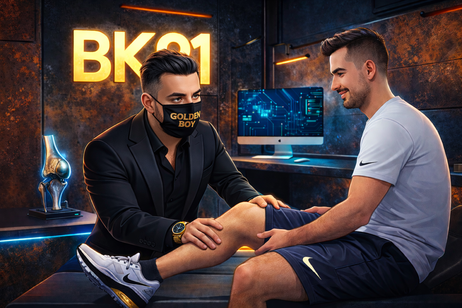 Na zdjęciu widoczny jest lekarz ortopeda, który bada kolano pacjenta w nowoczesnym gabinecie lekarskim. Specjalista koncentruje się na stawie kolanowym, wykonując badanie fizykalne w celu oceny ewentualnych urazów lub dolegliwości.