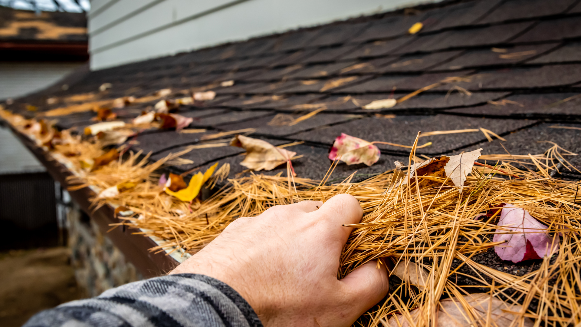A person removing debris from a roof in the fall