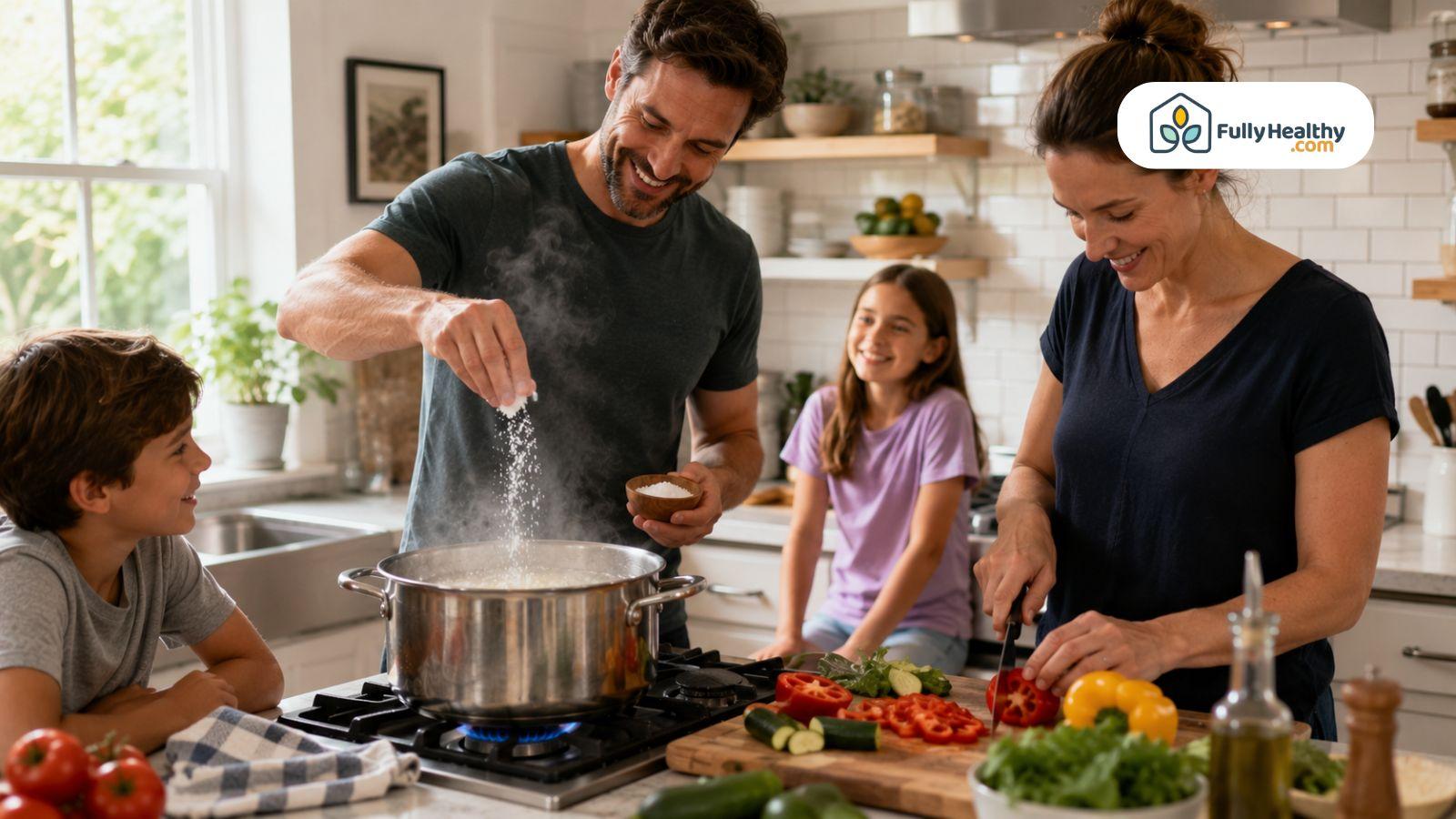 Family preparing dinner while adding salt to boiling water in home kitchen