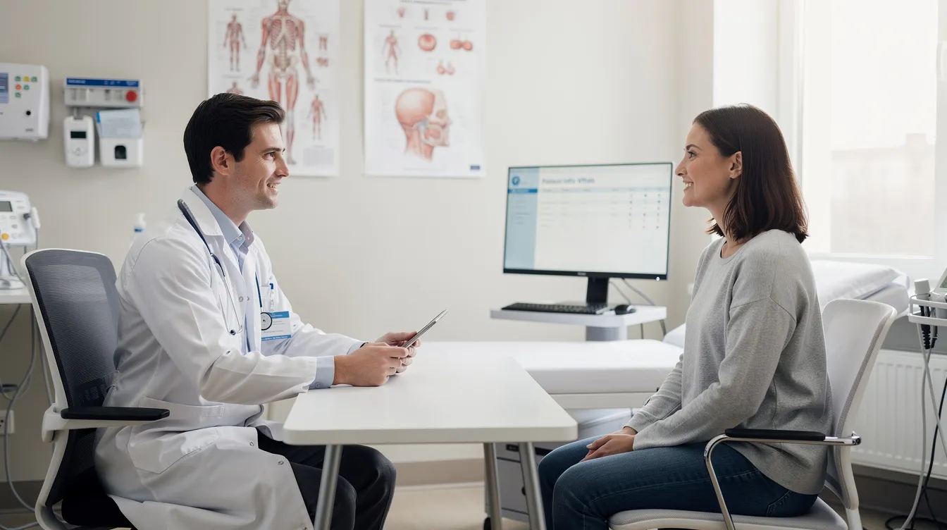 The image depicts a patient discussing their health concerns with a healthcare provider in a medical office, focusing on issues such as blood sugar levels, insulin sensitivity, and the potential benefits of medications like metformin and berberine for managing conditions like diabetes and metabolic syndrome. The doctor appears to be explaining treatment options and lifestyle changes to improve the patient&rsquo;s metabolic health.