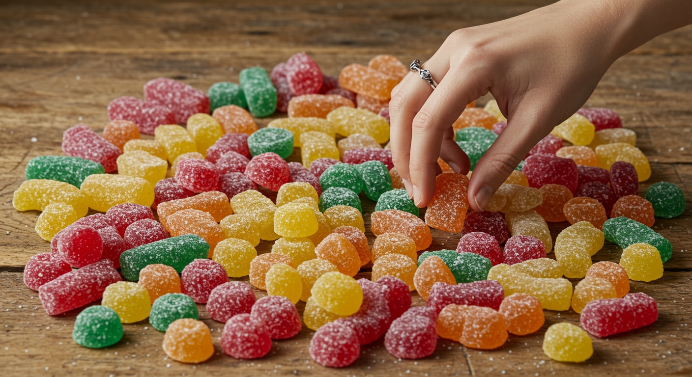 A hand selecting a gummy from a diverse range of Swedish candies