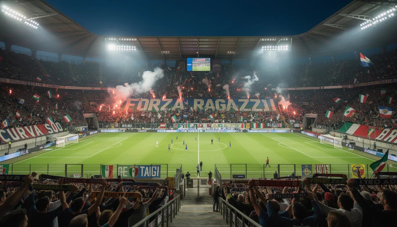 Un vivace stadio di calcio illuminato durante una partita serale, con tifosi entusiasti sugli spalti che tifano per la loro squadra. L'atmosfera è carica di energia e passione, tipica degli eventi sportivi, mentre i giocatori si preparano a sfidarsi sul campo.
