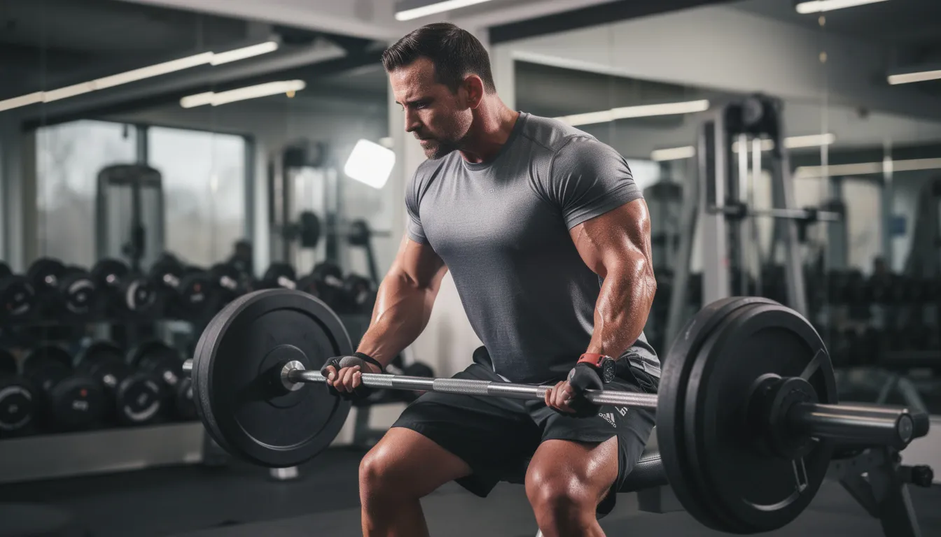 The image shows a man engaged in strength training exercises using weights, demonstrating muscle strength and physical performance. This activity supports testosterone production and overall metabolic health, contributing to cellular energy and healthy aging.