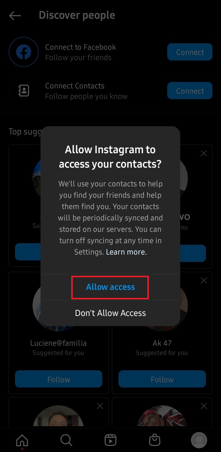 allow instagram to access your contacts