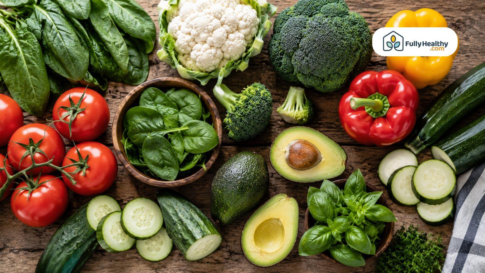 Fresh low carb vegetables including tomatoes spinach avocado broccoli and zucchini arranged neatly