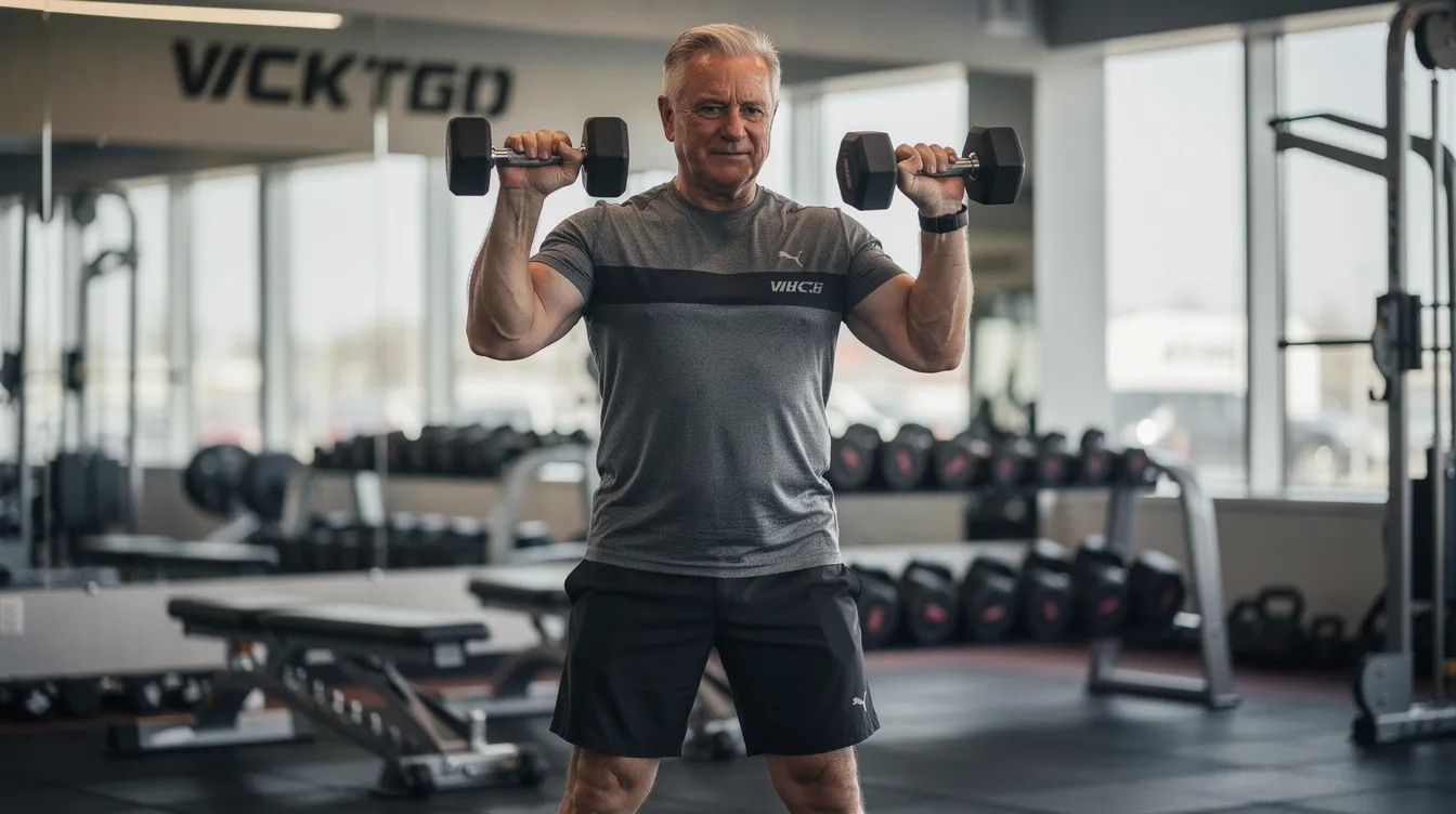 The image depicts a mature adult engaged in resistance training with dumbbells in a gym, emphasizing the importance of physical performance and muscle strength in the context of aging. This activity may contribute to improved immune function and longevity benefits, aligning with research on the mTOR pathway and the effects of rapamycin treatment on human aging.