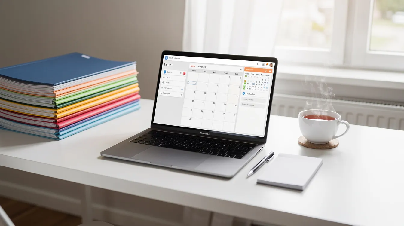The image depicts a well-organized desk featuring a laptop, neatly arranged folders, and a cup of tea, symbolizing preparation and planning for important tasks such as submitting immigration documents or applying for employment permits in Ireland. This setup reflects a focused environment conducive to managing critical skills employment permits and other essential paperwork.