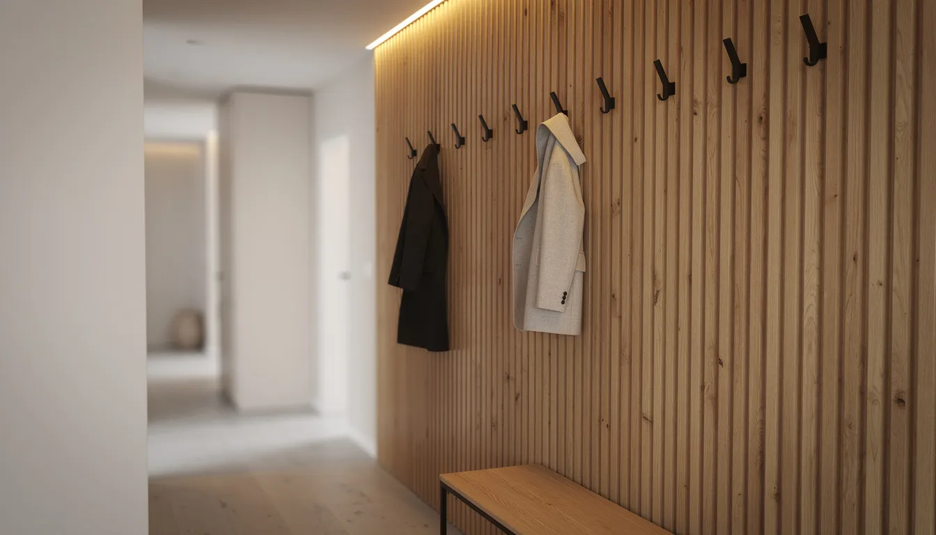 De hal is voorzien van houten lattenwandpanelen met een stijlvolle uitstraling, zwarte kapstokhaakjes en warme LED-verlichting langs de bovenrand, wat een uitnodigende sfeer creëert. Deze inrichting maakt een sterke eerste indruk en accentueert de moderne uitstraling van de ruimte.