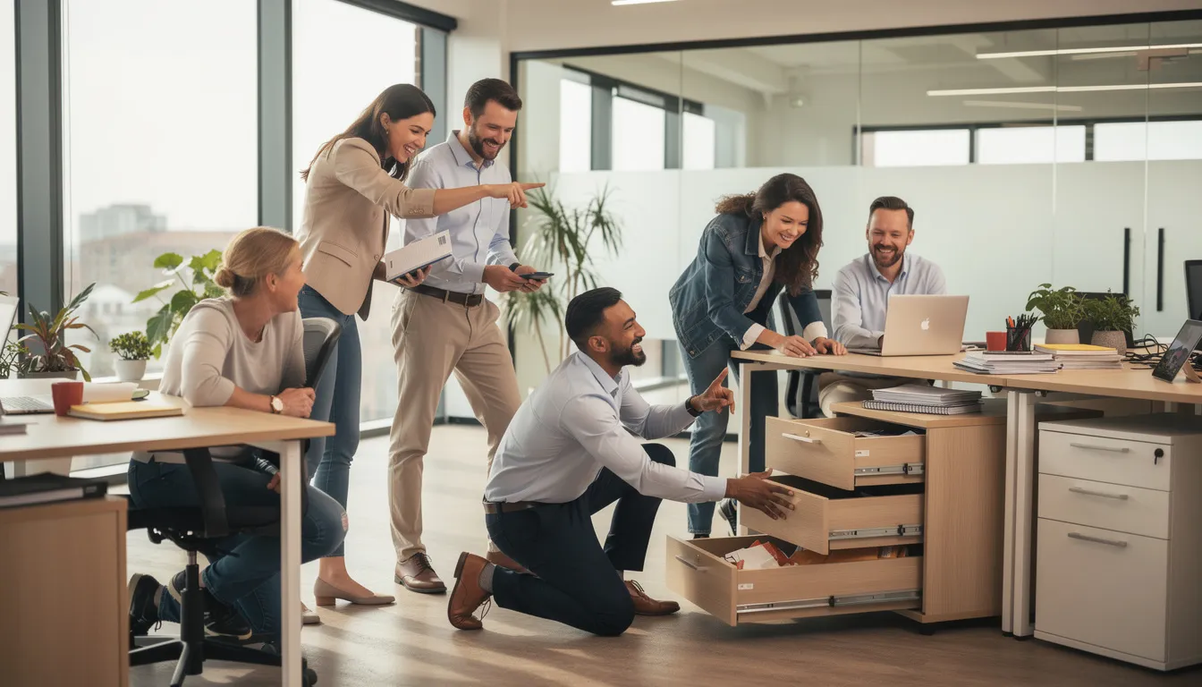 A diverse group of enthusiastic coworkers is collaborating and searching through an office space, showcasing teamwork and engagement during a fun team building activity. Their positive interactions highlight the importance of fostering a cohesive team and enhancing communication skills in a motivating work environment.