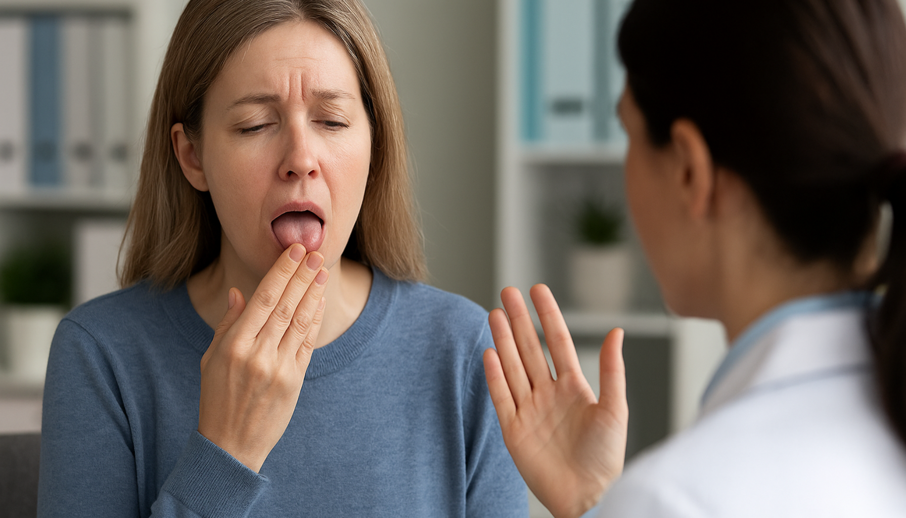 Kvinne med tørr munn viser ubehag under legekonsultasjon, et vanlig symptom ved Sjögrens syndrom."