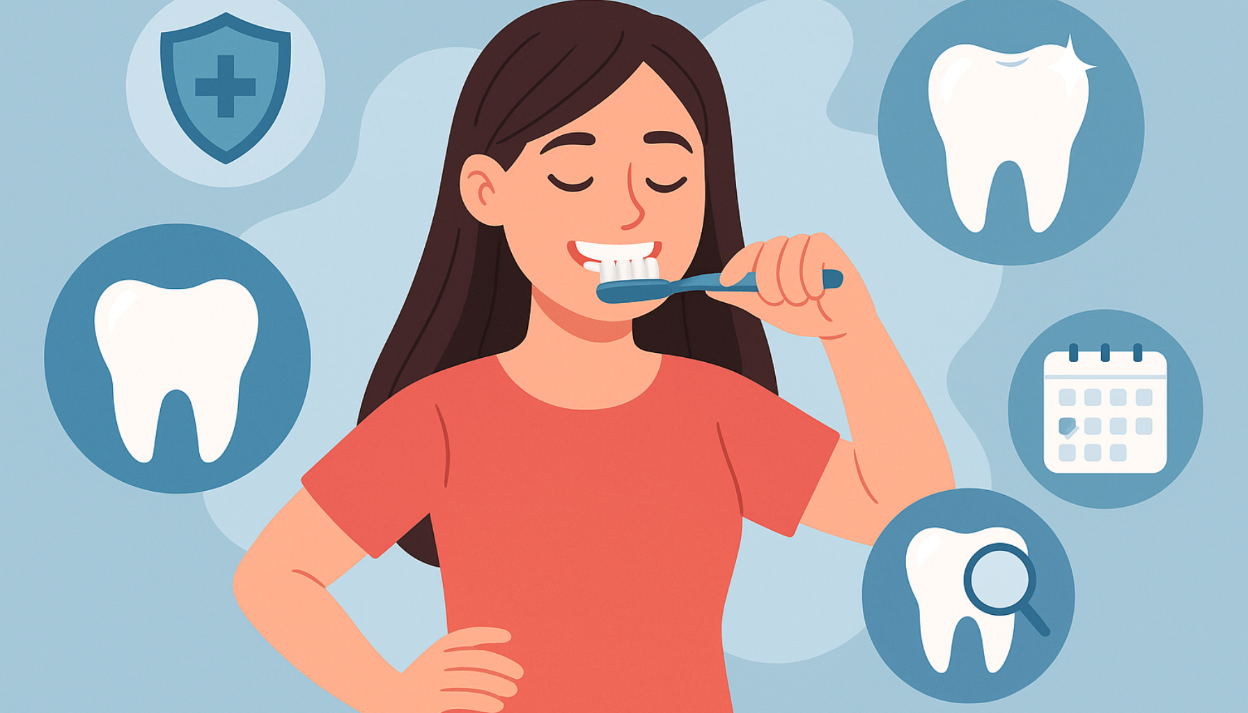 Erosjon på Tennene: Den Usynlige Skaden Du Ikke Merker Før Det Er For Sent 6 Illustrasjon av kvinne som pusser tennene omgitt av ikoner for sterke tenner, beskyttelse og tannhelseforebygging.