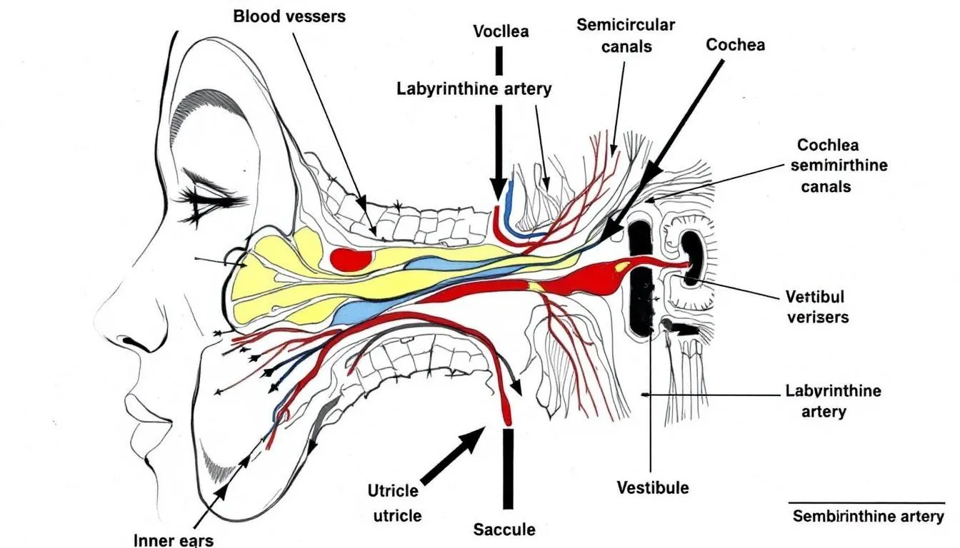 The diagram illustrates the anatomy of the inner ear, highlighting various vestibular structures and blood vessels that play a crucial role in the peripheral vestibular system. It serves to educate about vestibular disorders, such as Ménière's disease, and their relation to symptoms like vertigo and hearing loss.