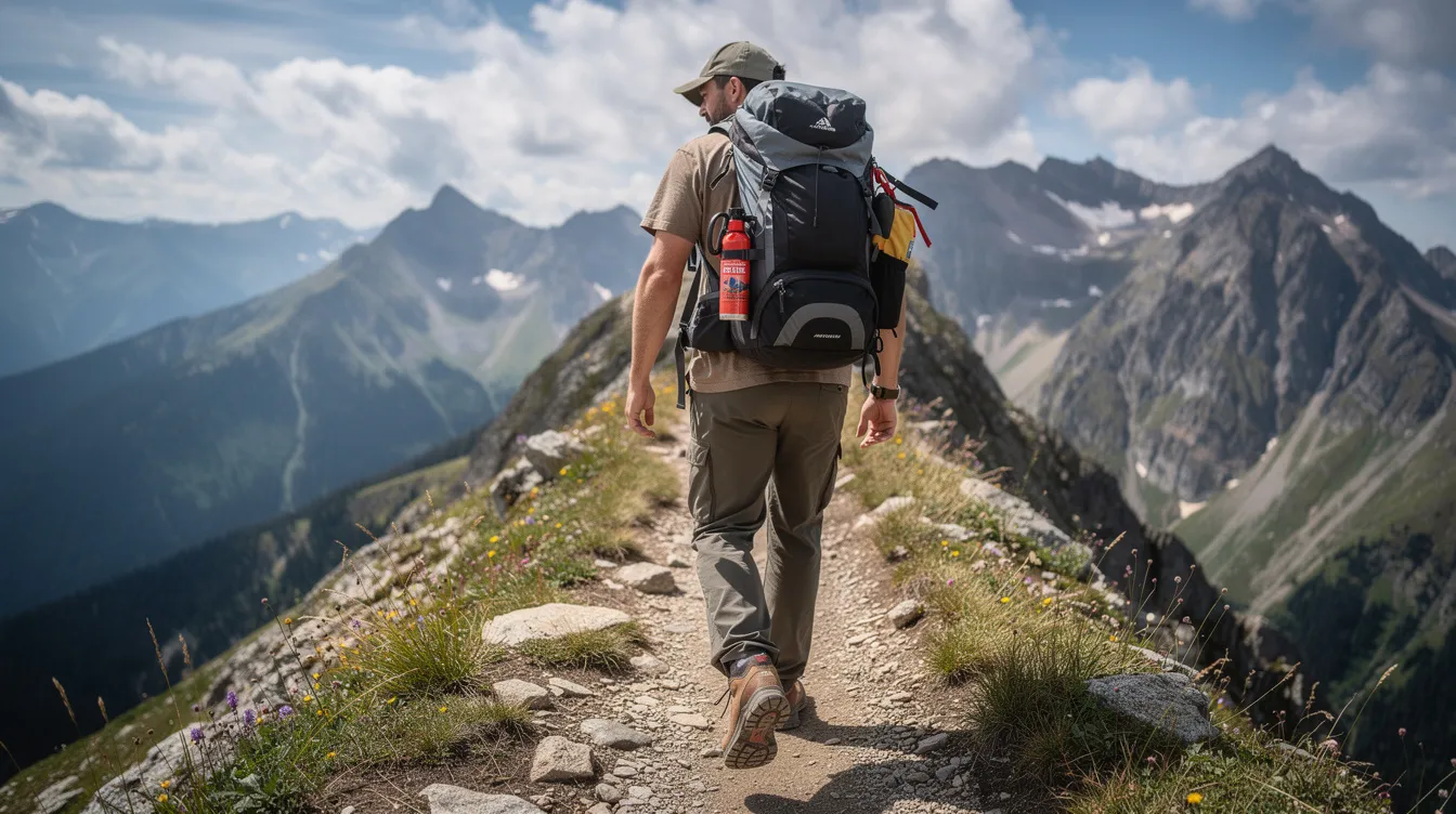 A hiker is walking along a mountain ridge trail, with a bear spray holster prominently attached to their hip belt for easy access in bear country. The visible bear spray, likely a counter assault brand, serves as a crucial safety measure against aggressive bear species like brown and black bears during outdoor adventures.
