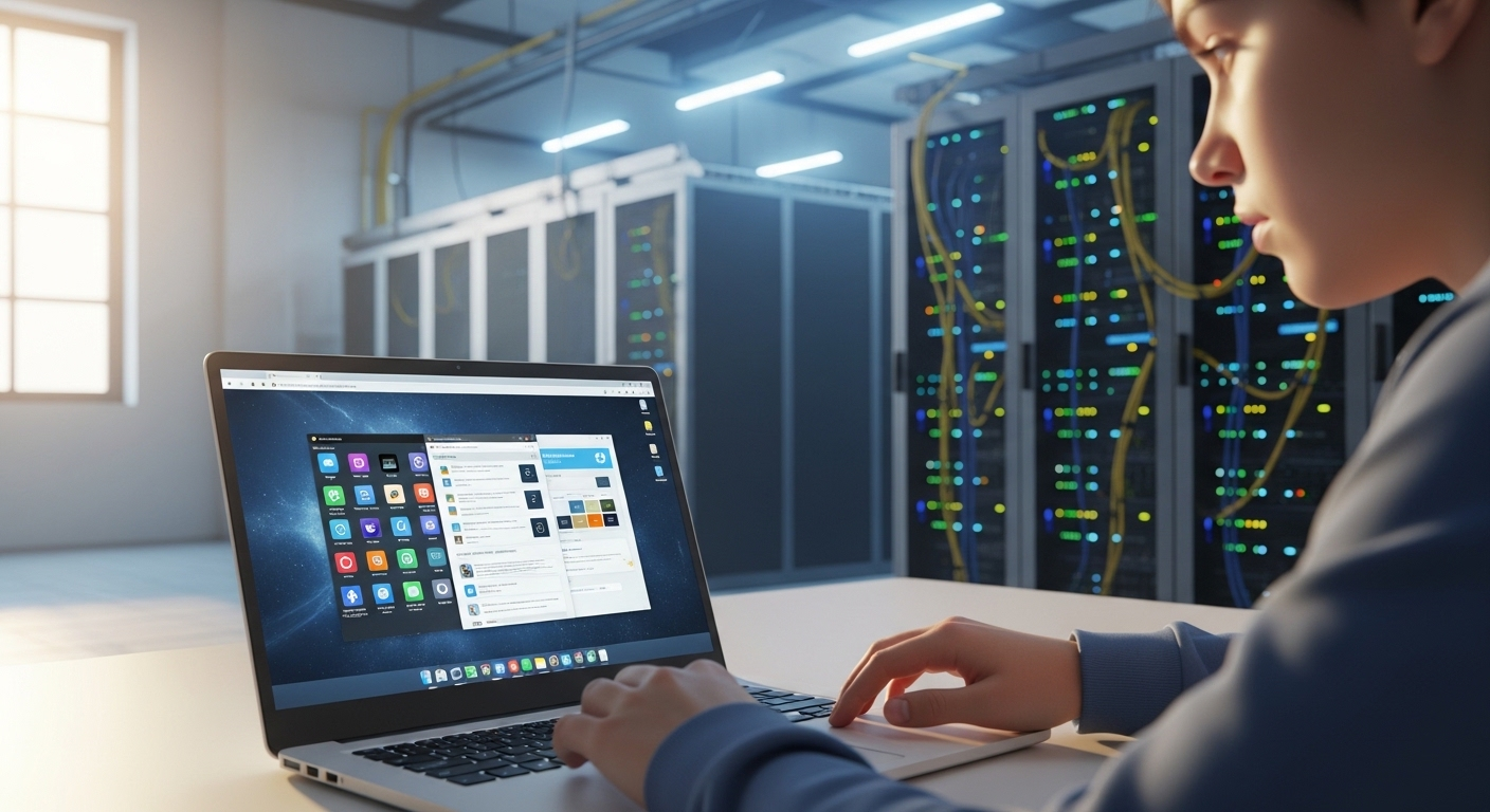 Student accessing a full virtual desktop through a browser on a basic laptop, with cloud data center in the background.