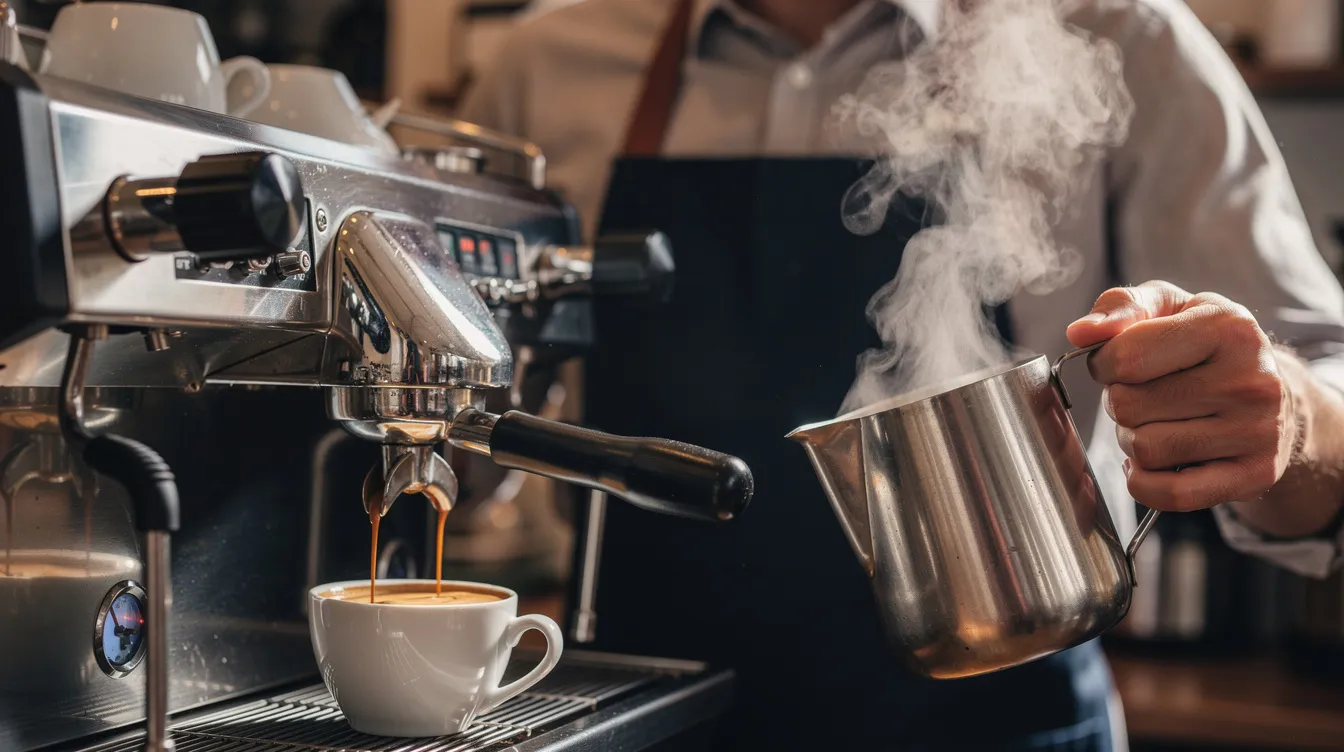Un barista está preparando un espresso en una máquina semiautomática profesional, mientras se puede ver vapor de leche saliendo de la varilla de vapor. La escena refleja la atención al detalle y la calidad en la elaboración de bebidas en cafeterías y restaurantes.